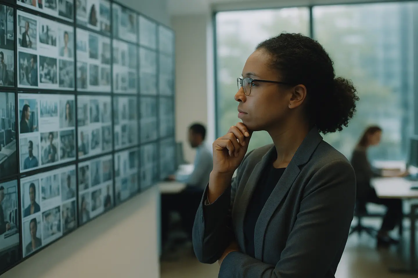 Scène illustrative : une professionnelle examine un ensemble d’images et de contenus sur un mur.