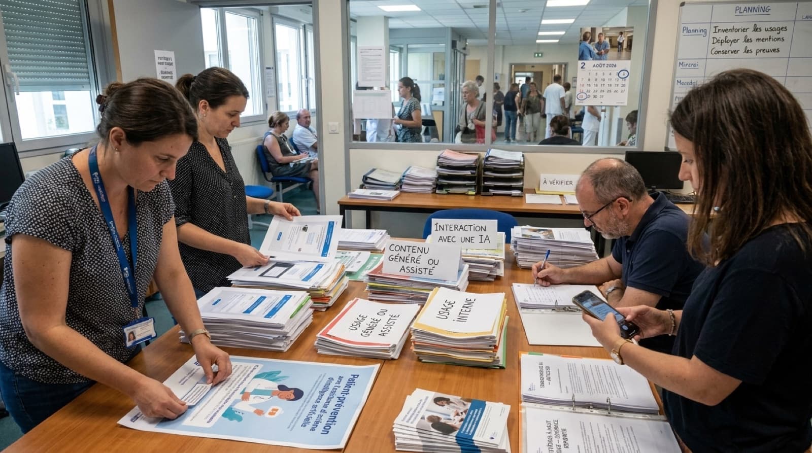 Une équipe hospitalière trie des supports d'information en piles étiquetées interaction avec une IA, contenu généré ou assisté et usage interne, devant un calendrier où le 2 août 2026 est entouré et un tableau listant inventorier les usages, déployer les mentions, conserver les preuves. Illustration de l'inventaire par usage exigé par l'article 50, charte ELMARQ.