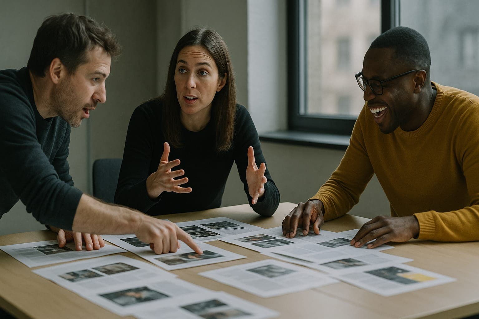 Une equipe de communication en discussion animee autour d epreuves imprimees, gestes et echanges, bureau clair. Illustration ELMARQ.