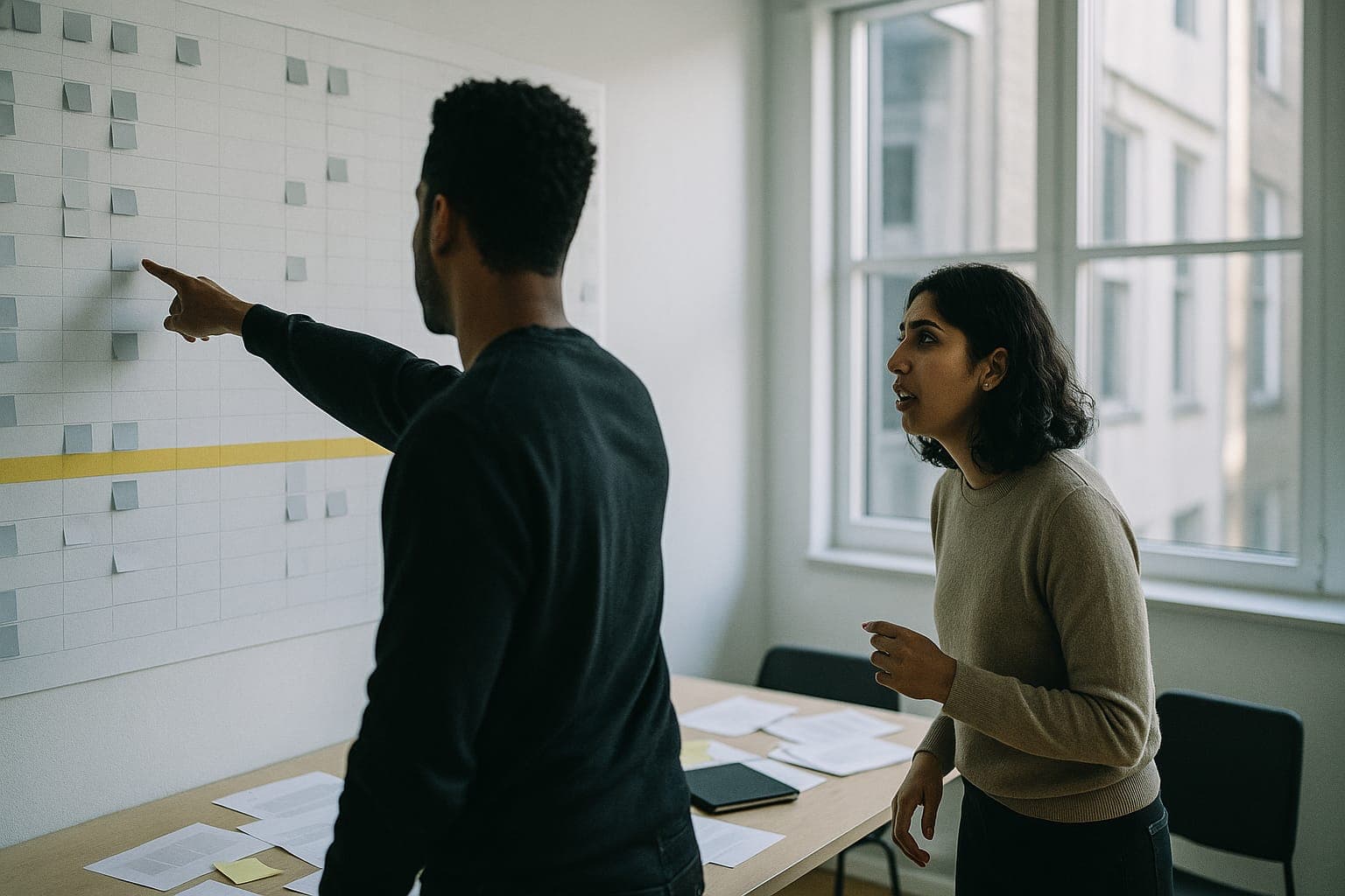 Deux personnes devant un tableau de planning avec une frise, l une pointant une date, discussion animee, bureau lumineux. Illustration du bilan des 90 jours et de la prediction datee, charte ELMARQ.