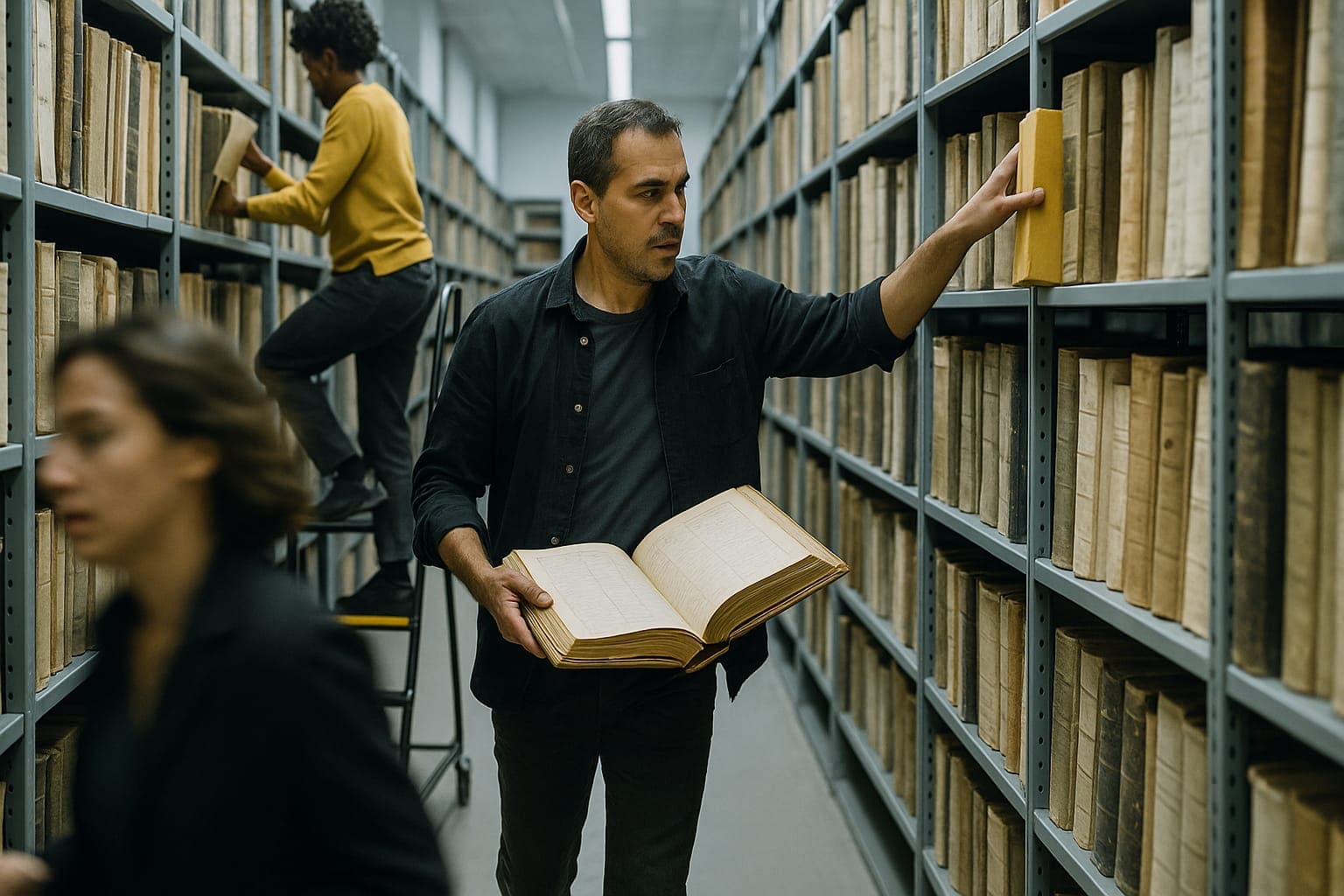 Un archiviste tire un volume tout en tenant un registre ouvert dans une salle d archives, collegues en mouvement. Illustration ELMARQ.