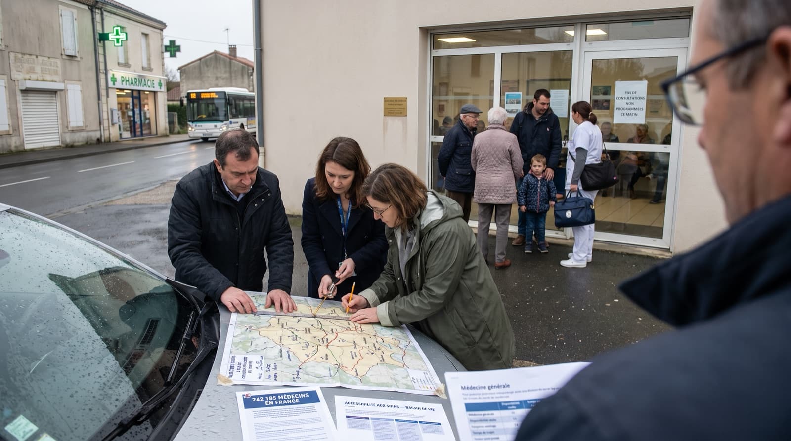 Trois professionnels penchés sur une carte de bassin de vie posée sur le capot d'une voiture, devant un cabinet médical où patientent des habitants et une pharmacie de l'autre côté de la rue. Illustration de l'échelle du bassin de vie, la seule opposable en matière d'accès aux soins, charte ELMARQ.