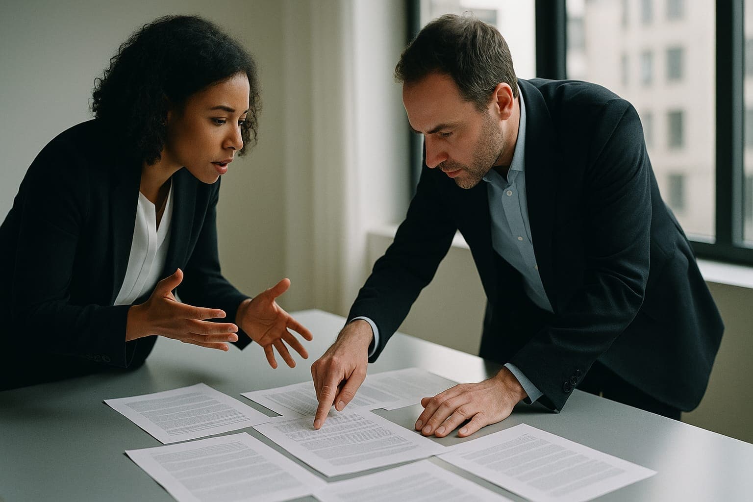 Deux professionnels en negociation tendue au-dessus de contrats etales sur une table, l un pointant une clause, dans un bureau lumineux. Illustration de la convergence GEO et droits voisins, charte ELMARQ.