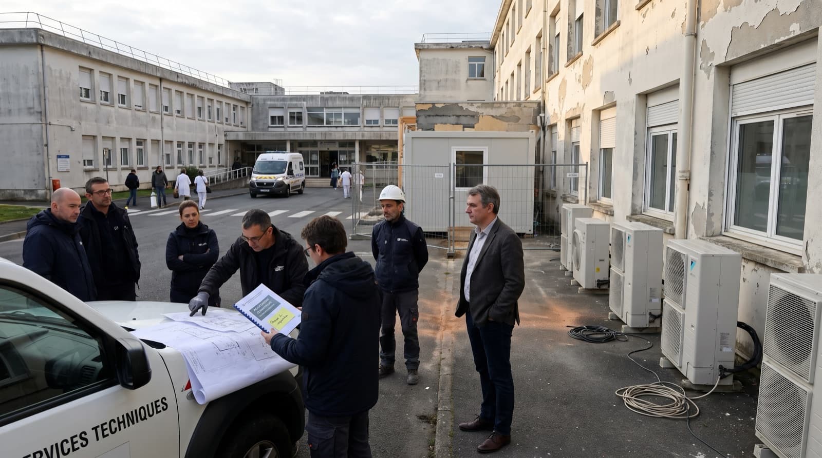 Une équipe des services techniques hospitaliers et un cadre de direction examinent un plan d'adaptation climatique devant une façade dégradée, le long d'une rangée de groupes de climatisation extérieurs. Illustration de l'écart entre les rustines d'urgence et l'investissement d'adaptation, charte ELMARQ.