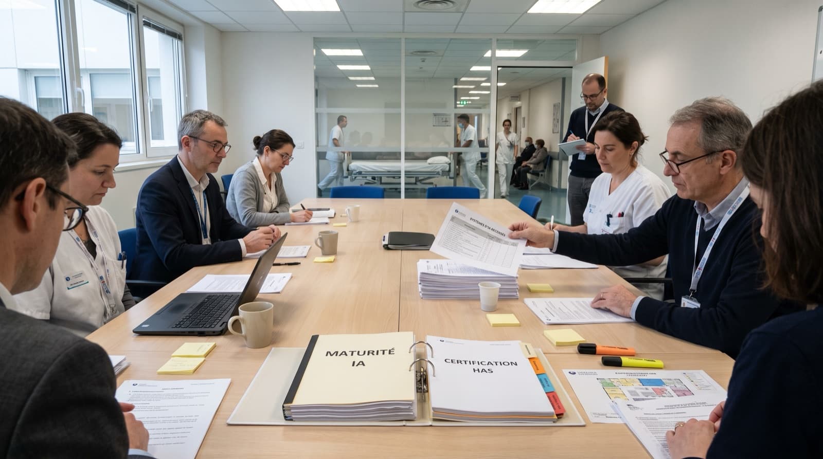 Réunion de direction et de soignants autour d'une table de travail dans un hôpital, un classeur ouvert portant les mentions maturité IA et certification HAS, un participant présentant un tableau de recensement des systèmes d'IA. Illustration de la lecture des rapports de certification comme source de mesure, charte ELMARQ.