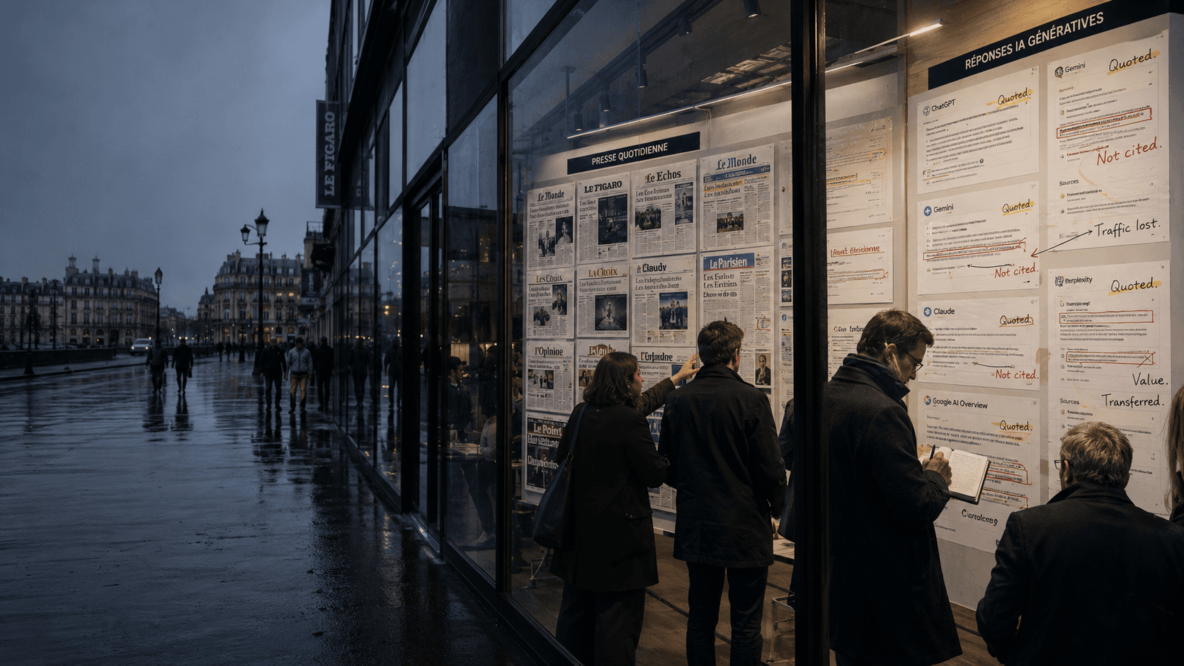 Vitrine d un kiosque de presse parisien opposant les unes de la presse quotidienne aux reponses des IA generatives, citees ou non