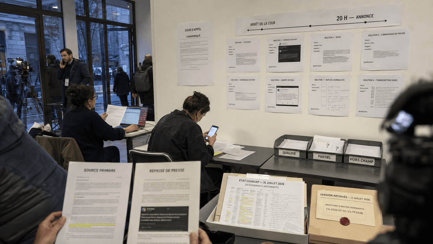 Salle de qualification d un corpus de communication, frise arret de la cour vers annonce de 20h, bacs qualifie partiel hors champ, etat courant et version archivee