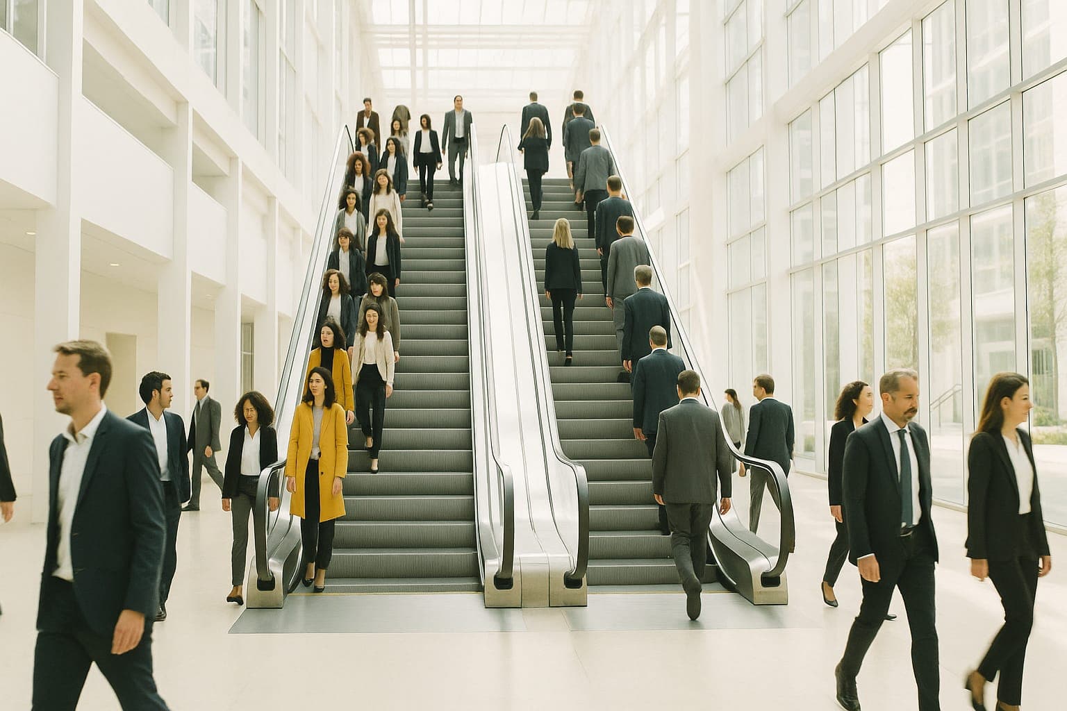 Dans un vaste atrium de bureaux inonde de lumiere naturelle, deux escaliers mecaniques paralleles portent deux flux opposes, les uns montent, les autres descendent, pendant que des salaries traversent le hall. Illustration de la polarisation du marche de la communication.