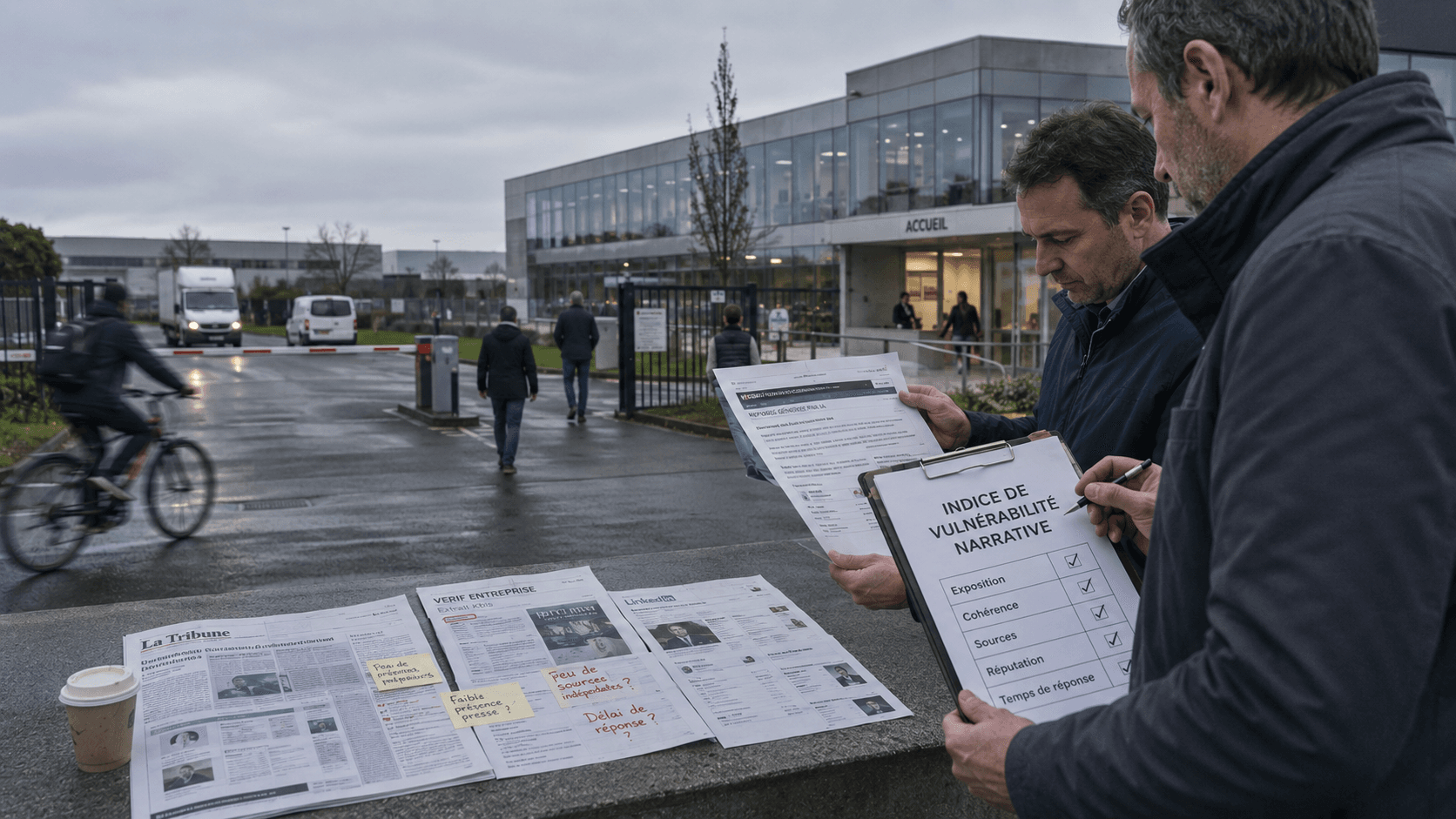 Audit de vulnerabilite narrative sur le terrain devant l accueil d une entreprise, presse-papiers et coupures de presse annotees