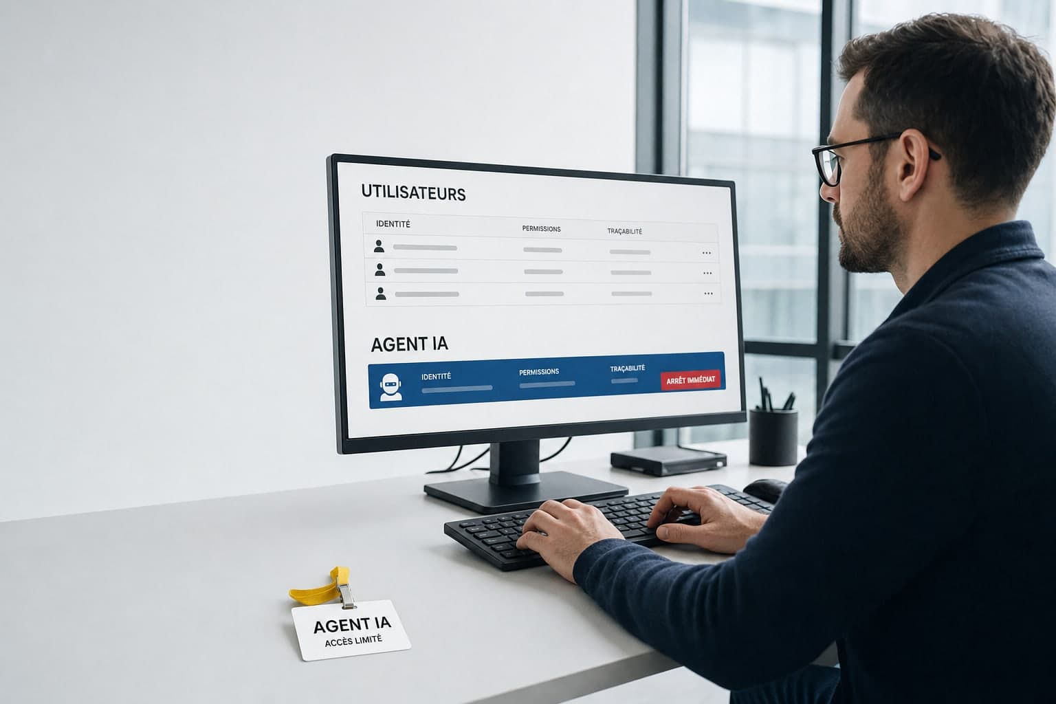 Un ingénieur sécurité provisionne l'identité d'un agent IA : une console d'accès distingue les utilisateurs humains d'une ligne dédiée « agent IA » avec identité, permissions, traçabilité et un bouton d'arrêt immédiat, un badge « agent IA, accès limité » posé sur le bureau