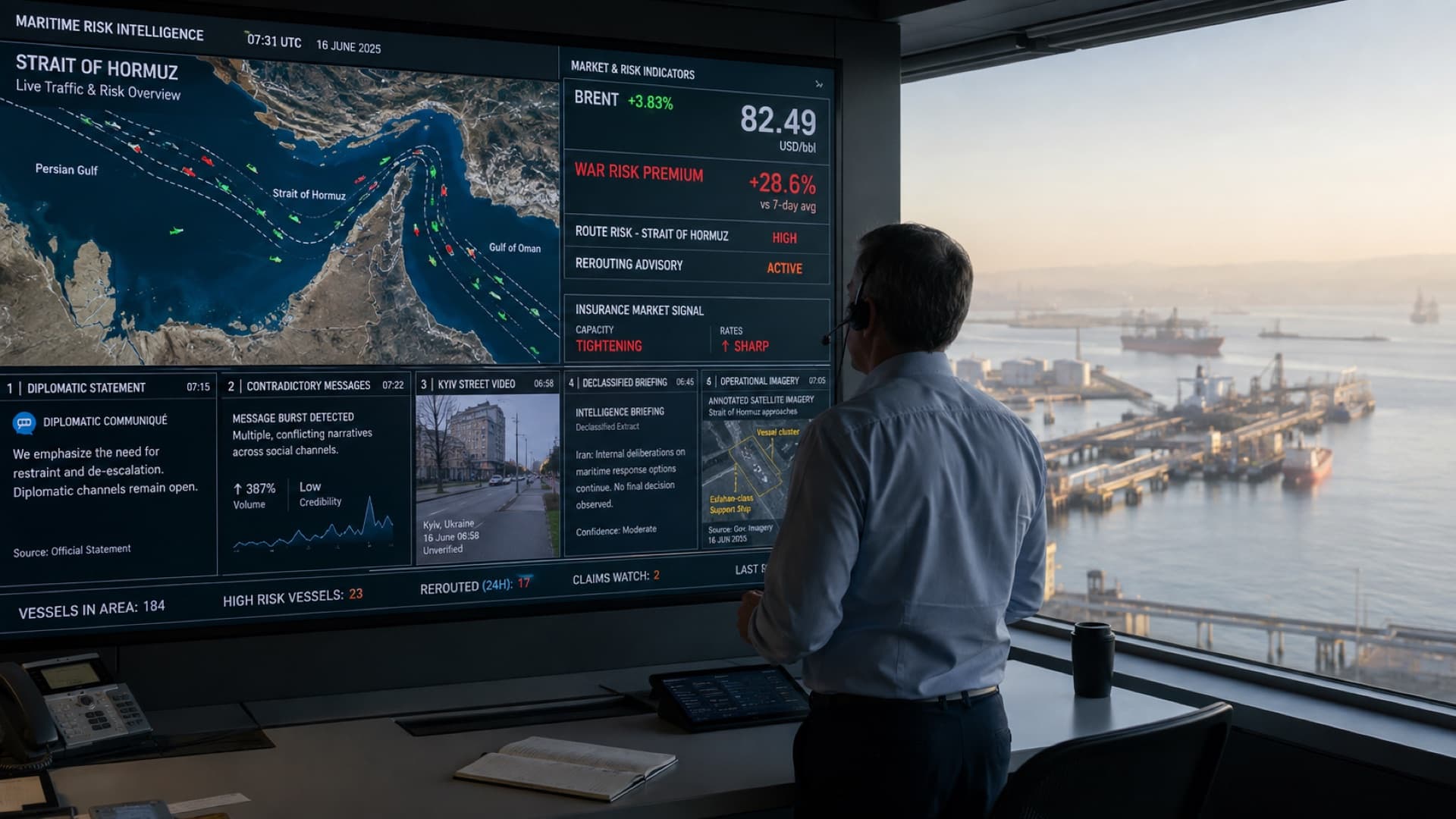 Salle de veille du risque maritime devant un mur d'écrans : carte du trafic dans le détroit d'Ormuz, Brent en hausse de 3,83 pour cent à 82,49 dollars, prime de risque de guerre et signaux d'assurance, et cinq vignettes illustrant les architectures de parole comparées (communiqué diplomatique, messages contradictoires, vidéo de rue à Kyiv, note de renseignement déclassifiée, imagerie opérationnelle)