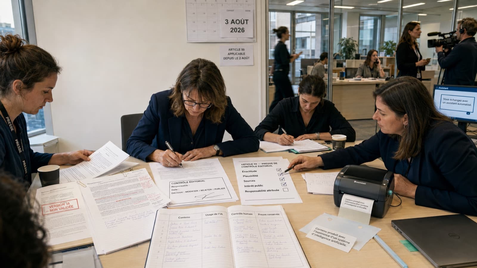 Dans une rédaction, quatre professionnelles renseignent une fiche de preuve de contrôle éditorial listant exactitude, plausibilité, sources, intérêt public et responsabilité attribuée, à côté d'un registre manuscrit reliant chaque contenu à son usage de l'IA et à la preuve conservée, et d'une imprimante à étiquettes produisant la mention contenu produit avec l'assistance d'un système d'intelligence artificielle. Illustration des obligations de l'article 50, charte ELMARQ.