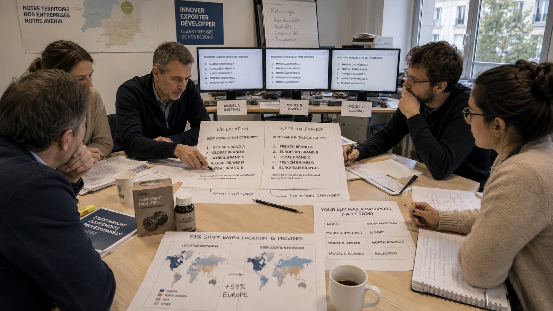 Équipe d'un service de développement économique comparant les recommandations de marques de trois modèles (Mistral, Qwen, Llama) sans localisation puis avec un utilisateur situé en France, carte du déplacement continental de 59 % et tableau du passeport géographique des modèles issu de l'étude FAccT 2026