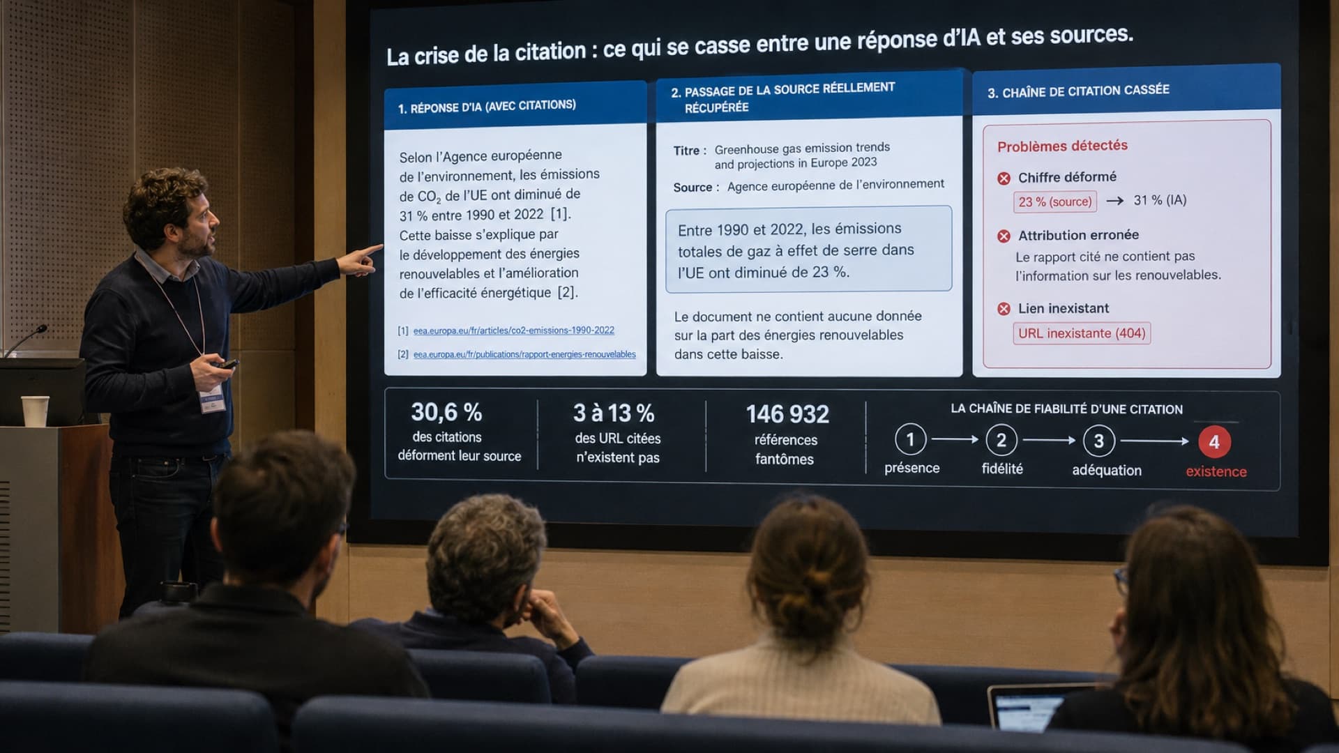Conférence sur la crise de la citation dans les réponses d'IA : une slide décompose la chaîne cassée entre une réponse d'IA citant des sources et la source réellement récupérée, avec un chiffre déformé de 23 à 31 pour cent, une attribution erronée et un lien inexistant, et les repères 30,6 pour cent de citations déformant leur source, 3 à 13 pour cent d'URL inexistantes, 146 932 références fantômes, et la chaîne présence, fidélité, adéquation, existence