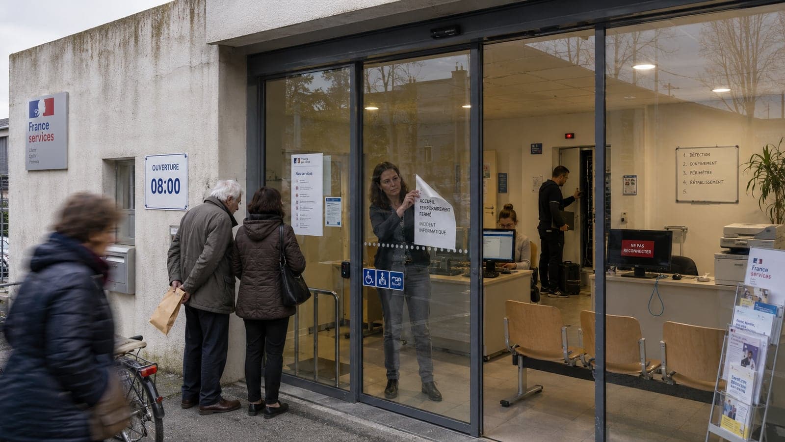 Devant un guichet de service public fermé pour incident informatique, des usagers patientent tandis qu'à l'intérieur une équipe conduit la crise selon une chaîne affichée au tableau : détection, confinement, périmètre, rétablissement