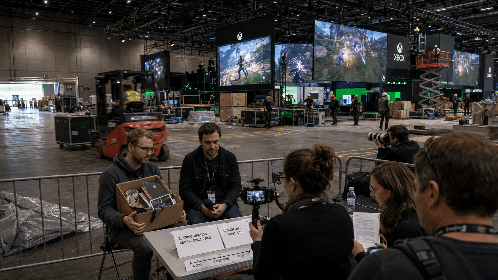 Hall de Gamescom en montage avec ecrans et branding Xbox, interview et chronologie restructuration juillet contre salon aout