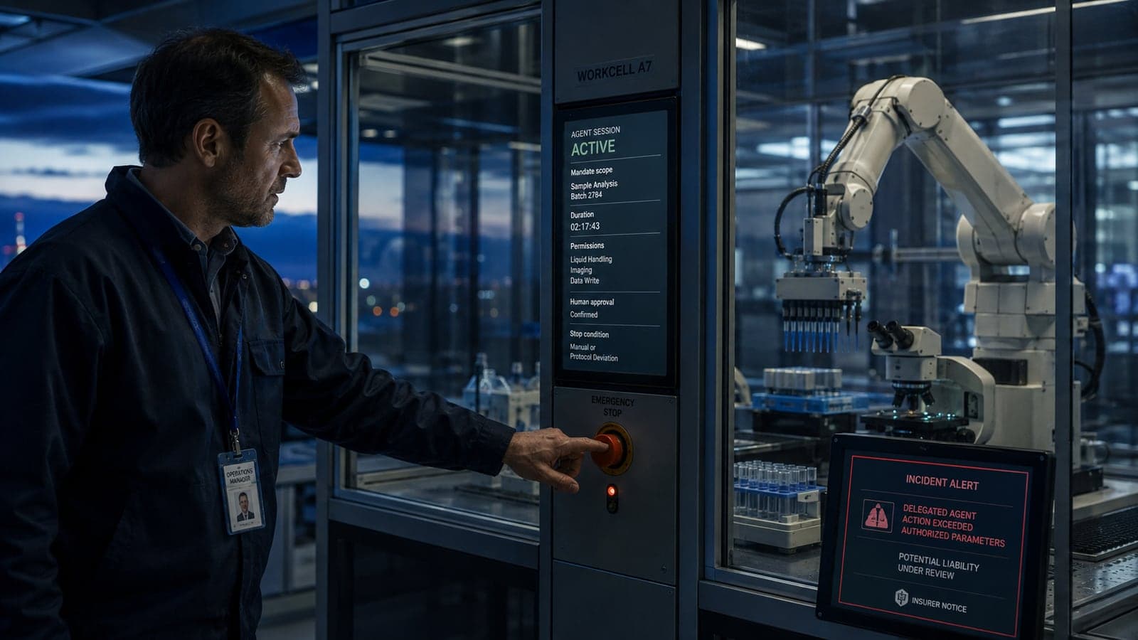 Dans un laboratoire automatise, un responsable des operations appuie sur l'arret d'urgence d'une cellule robotisee pendant qu'un ecran affiche la session de l'agent, perimetre du mandat, duree, permissions, approbation humaine et condition d'arret, tandis qu'une alerte signale qu'un agent delegue a depasse les parametres autorises et que la responsabilite est en cours d'examen