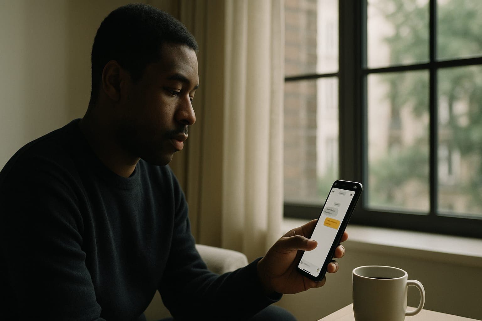 Une personne seule le matin près d'une fenêtre, consultant sur son téléphone une interface conversationnelle personnalisée, une tasse de café à côté, ambiance domestique, illustrant la variance de recommandation entre utilisateurs d'un même modèle d'IA