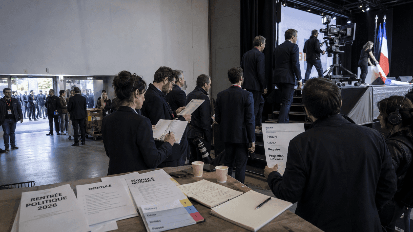 Coulisses d un meeting de rentree politique, equipe preparant le deroule et la sequence nationale, cameras et drapeaux