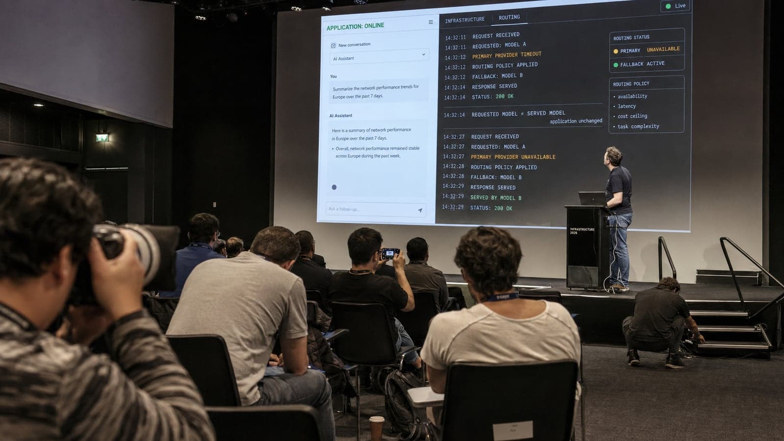 Lors d'une keynote technique, un intervenant présente en direct sur grand écran un journal de routage entre modèles d'IA : requête reçue, fournisseur principal indisponible, bascule sur un modèle de secours, réponse servie ; des photographes de presse dans la salle