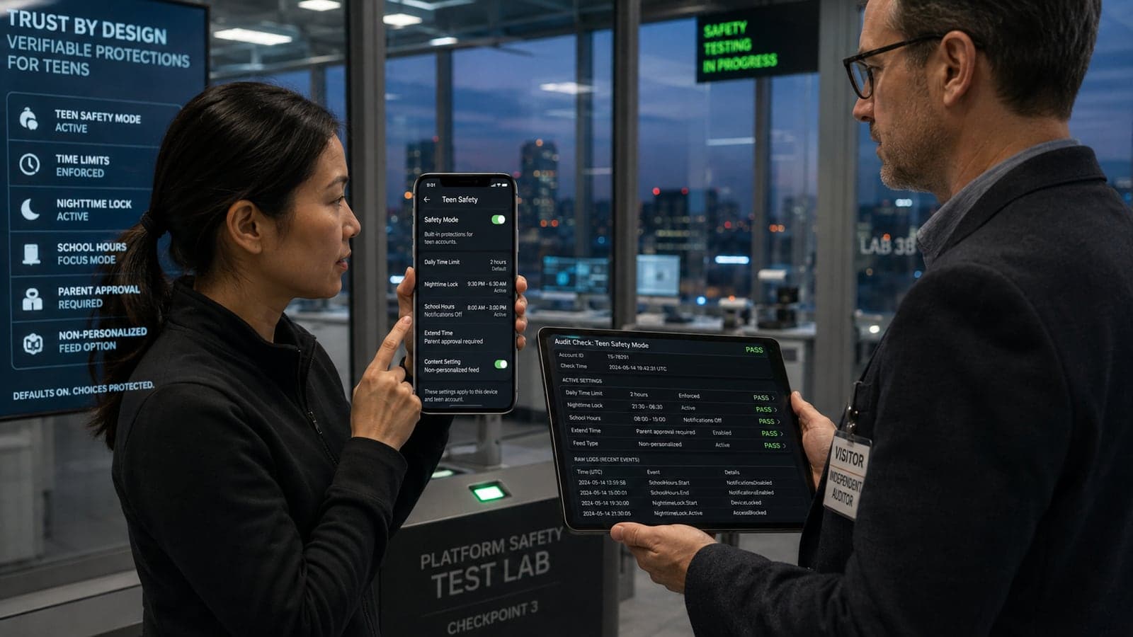 Dans un laboratoire de test de securite des plateformes, une ingenieure montre sur un telephone les reglages actifs d'un compte adolescent, limite quotidienne de deux heures, verrouillage nocturne, notifications coupees pendant les heures de classe et fil non personnalise, pendant qu'un auditeur independant verifie sur sa tablette chaque parametre et les journaux bruts correspondants