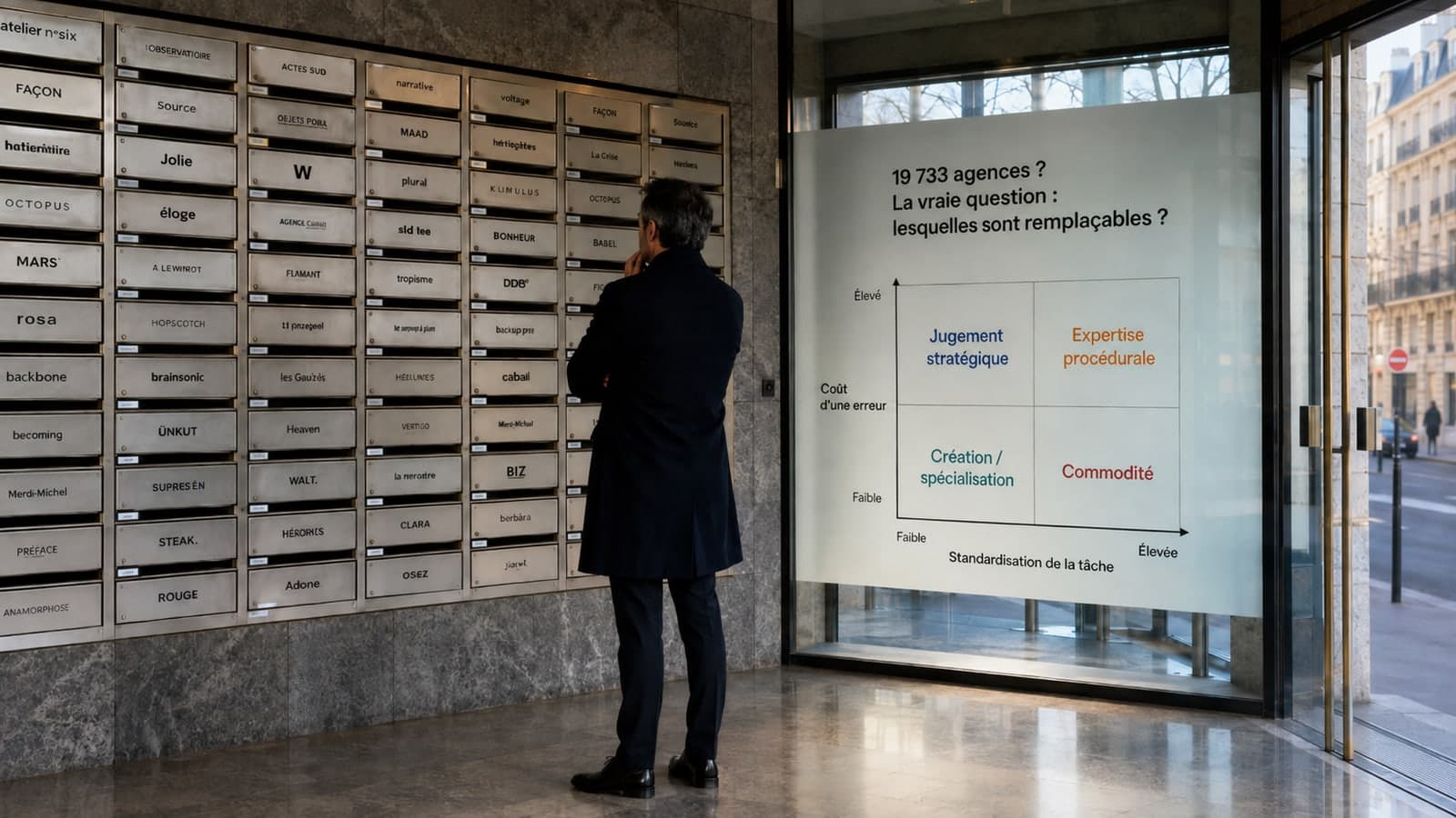 Un homme face à un mur de boîtes aux lettres portant des dizaines de noms d'agences, illustrant l'abondance des acteurs, à côté d'un panneau posant la question de leur substituabilité avec la matrice ELMARQ : coût d'une erreur en fonction de la standardisation de la tâche, quatre zones, jugement stratégique, expertise procédurale, création et spécialisation, commodité