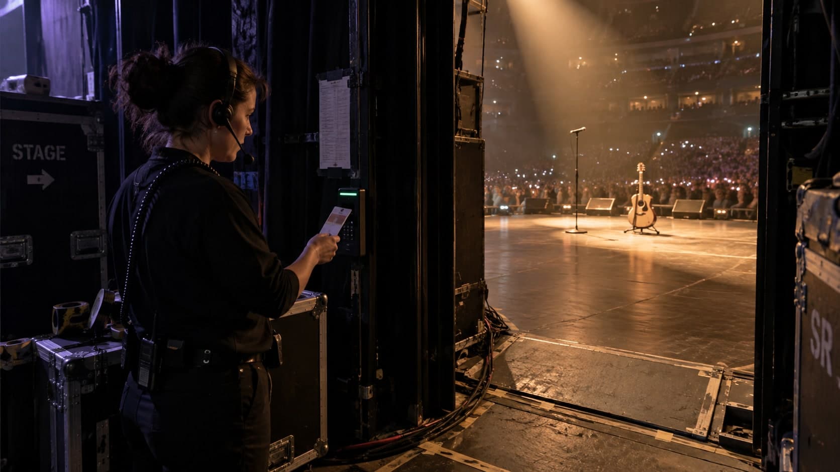 Depuis les coulisses d'une grande salle, une regisseuse casque sur les oreilles presente un badge au lecteur de la porte de scene, tandis que le plateau eclaire et une guitare seche attendent devant le public