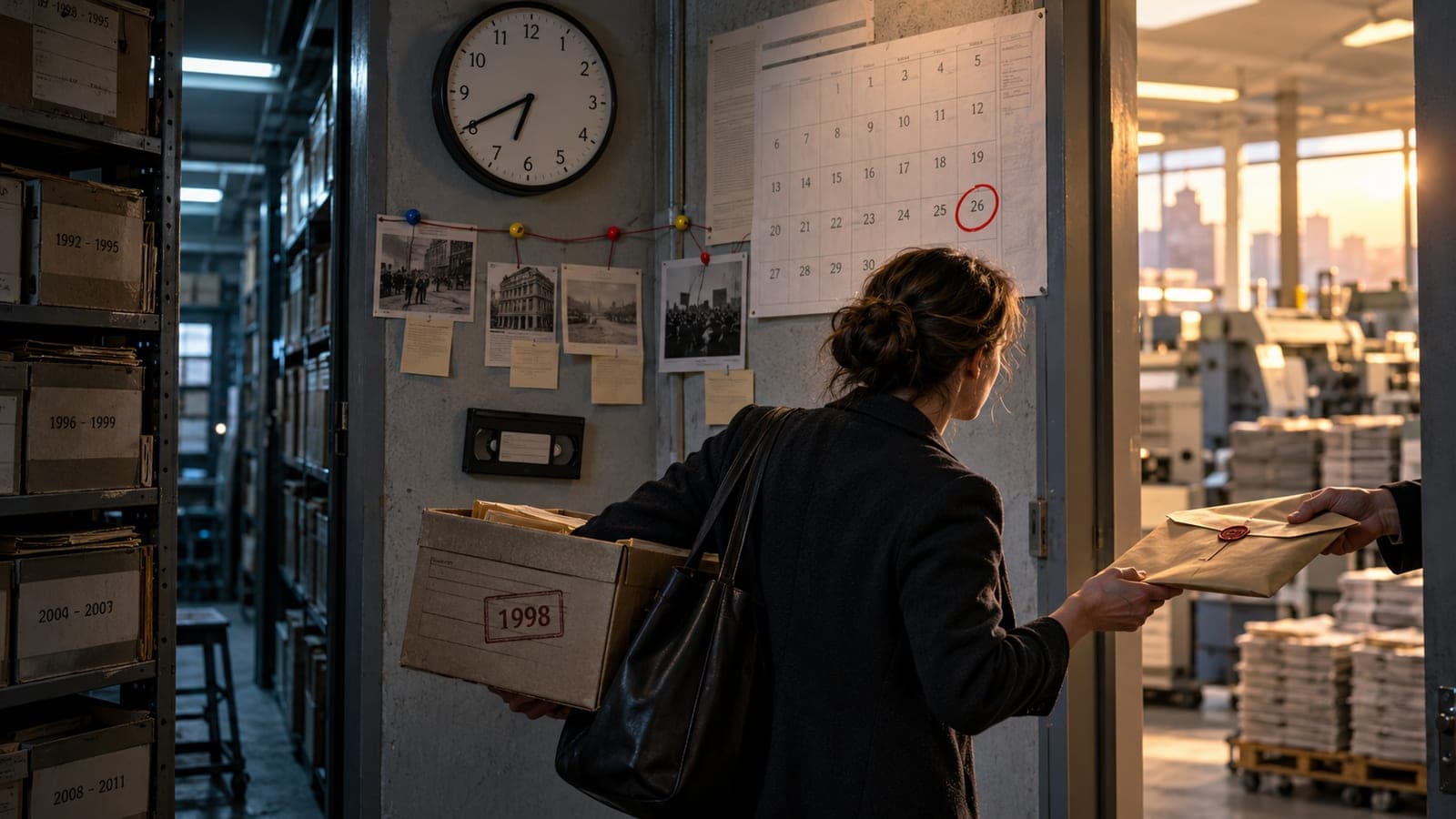 Salle d'archives aux cartons rangés par tranches d'années, horloge murale et calendrier dont une date est entourée de rouge, mur d'enquête avec photographies reliées par un fil, une personne de dos portant un carton d'archives et tendant une enveloppe scellée vers un atelier d'impression éclairé au fond