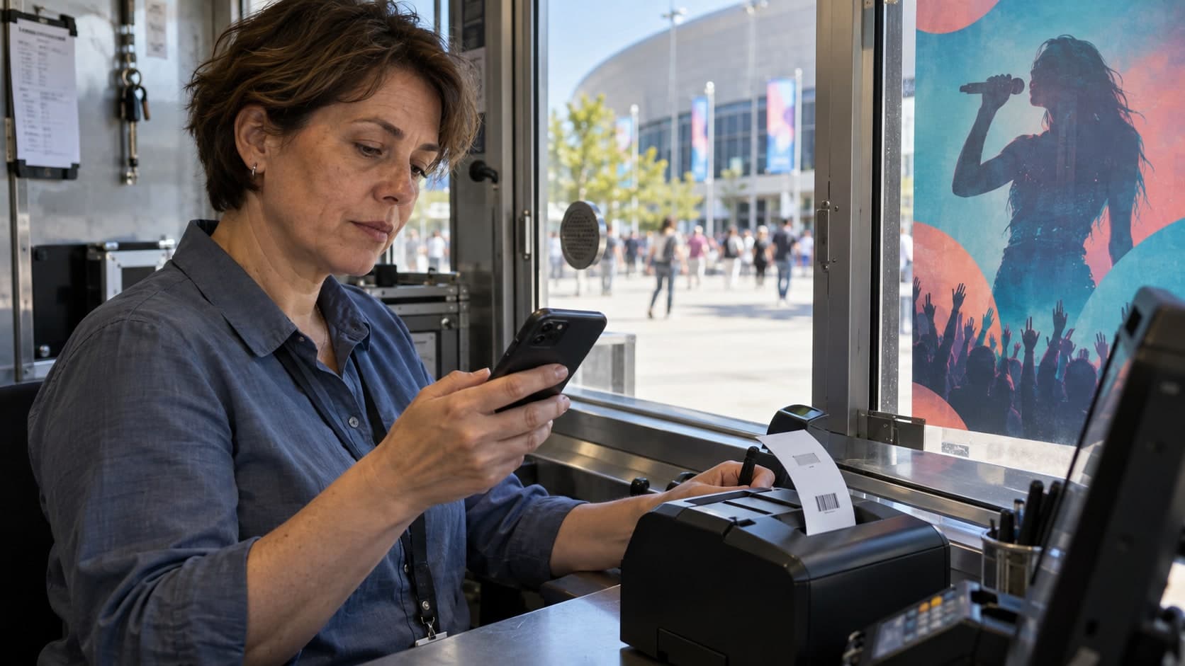 Dans la cabine de billetterie d'une grande salle, une employee consulte son telephone pendant qu'un billet sort de l'imprimante, devant l'affiche d'une chanteuse en concert