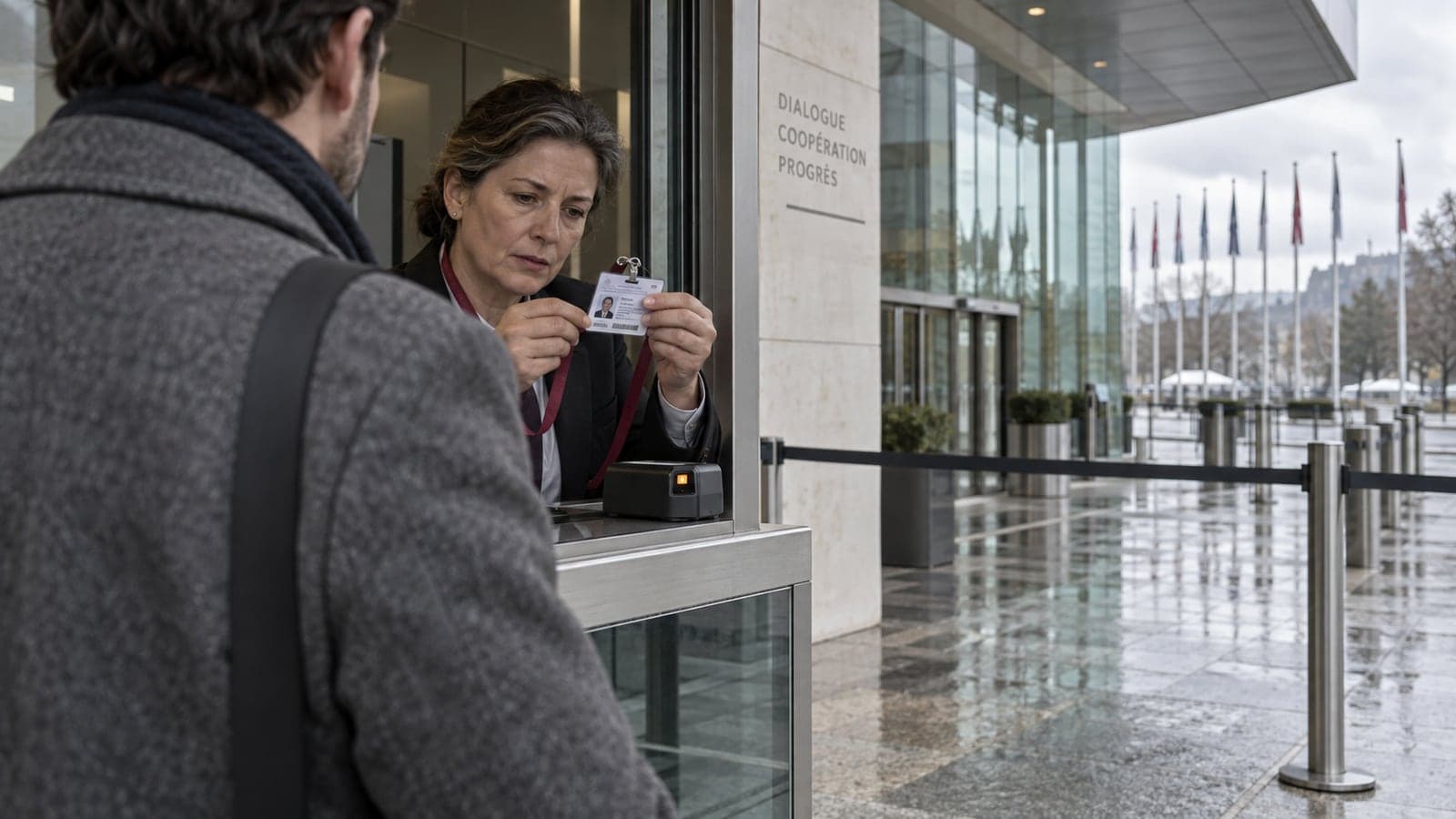 Une agente de sécurité examine le badge d'accréditation d'un visiteur au poste de contrôle d'une organisation internationale, devant l'alignement de drapeaux, par temps de pluie.
