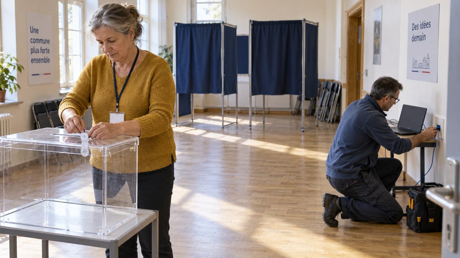 Dans une salle de vote municipale, une assesseure scelle une urne transparente tandis qu'un technicien agenouille raccorde un ordinateur portable a une prise reseau, illustrant la demande du Parlement europeen de classer les infrastructures electorales parmi les infrastructures critiques