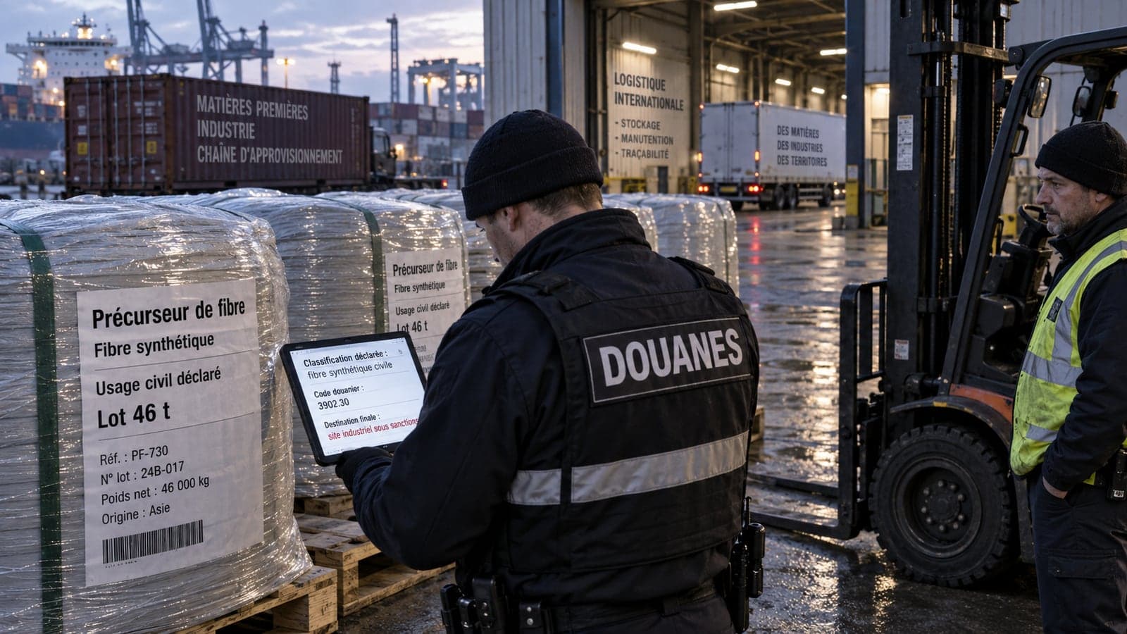 Sur un terminal portuaire, un agent des douanes controle une palette de precurseur de fibre synthetique etiquetee usage civil declare, lot de 46 tonnes, en comparant sur sa tablette la classification declaree et la destination finale, un cariste attendant a cote sous la halle de logistique internationale