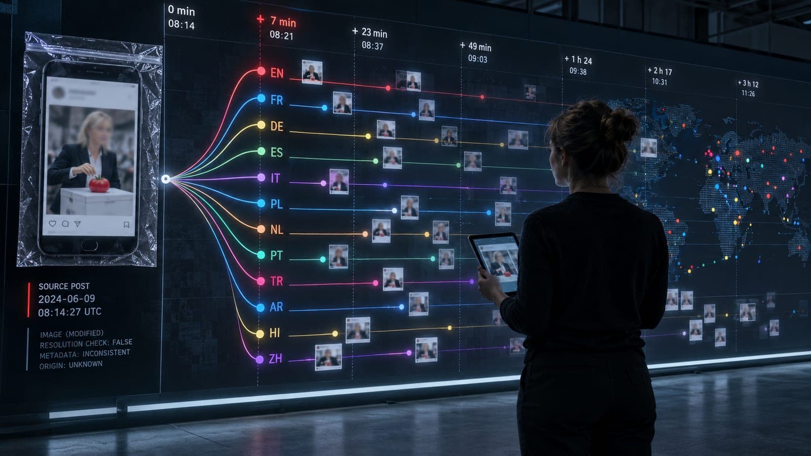 Illustration éditoriale : sur un mur d'écrans, la chronologie horodatée de la propagation d'une publication unique vers 12 langues, une analyste vue de dos consultant une tablette devant le dispositif