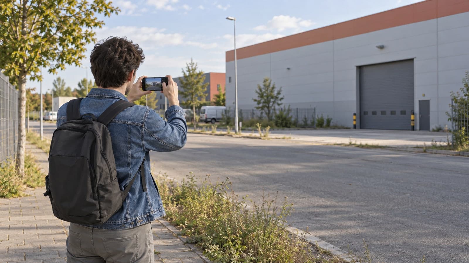 Un homme de dos, sac a dos sur les epaules, photographie avec son telephone la facade et le quai de chargement d'un entrepot logistique en zone d'activite, de jour, illustrant la reconnaissance preparatoire decrite par l'acte d'accusation americain