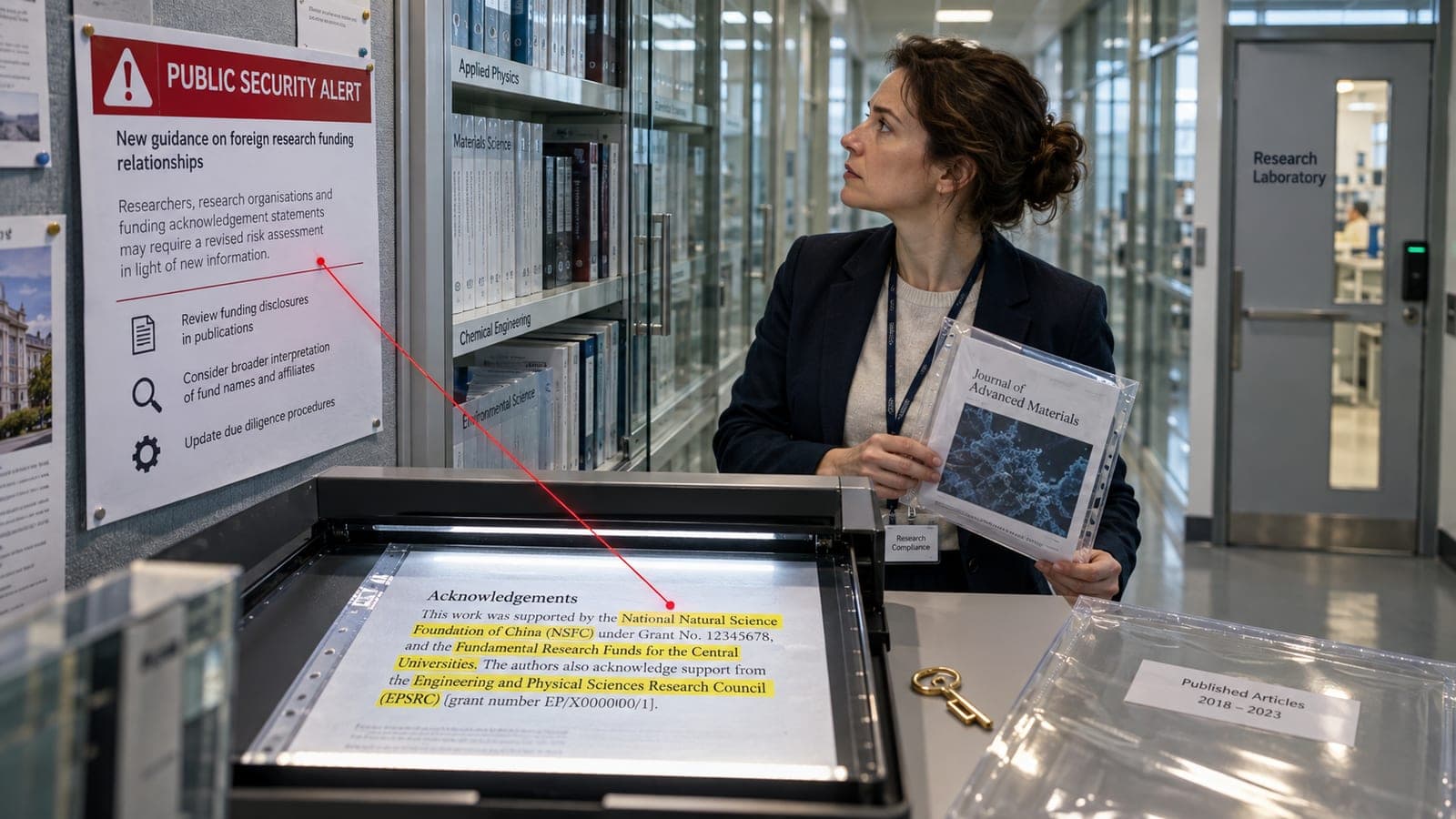 Illustration éditoriale : dans une bibliothèque universitaire, une responsable de conformité de la recherche compare une alerte de sécurité affichée au mur avec la ligne de remerciements de financement d'un article publié, surlignée sur la page