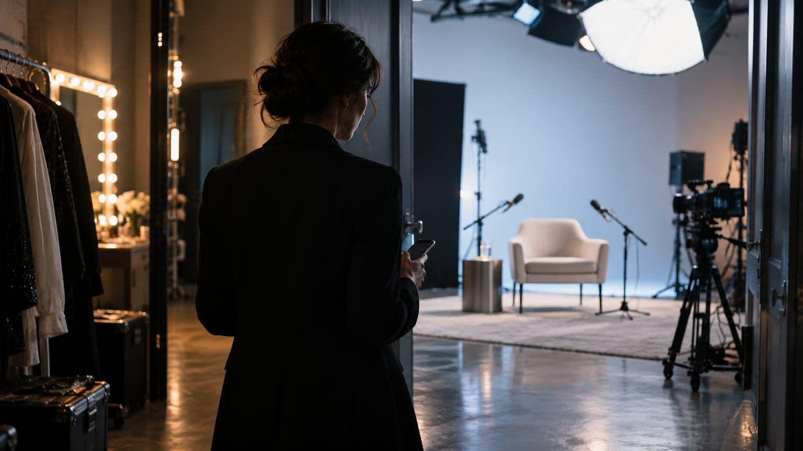 Illustration éditoriale : depuis les coulisses d'un plateau, un fauteuil vide éclairé face à 2 micros et une caméra, une personne attendant dans l'ombre avant d'entrer