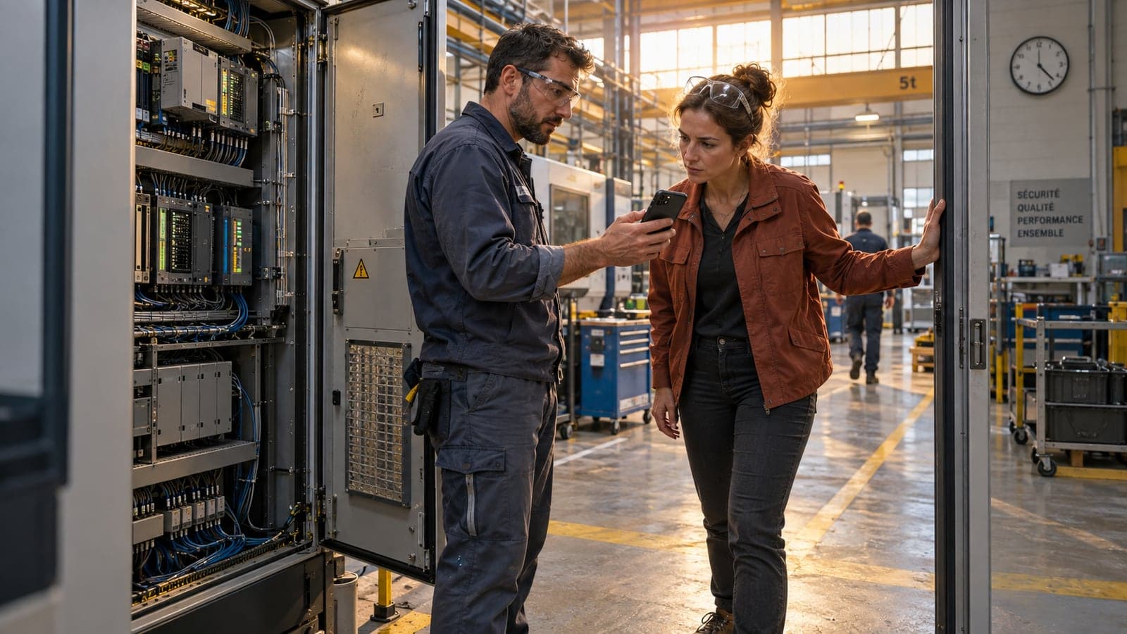 Un technicien et une responsable examinent ensemble une alerte sur un téléphone devant une armoire d'automatisme dans un atelier industriel