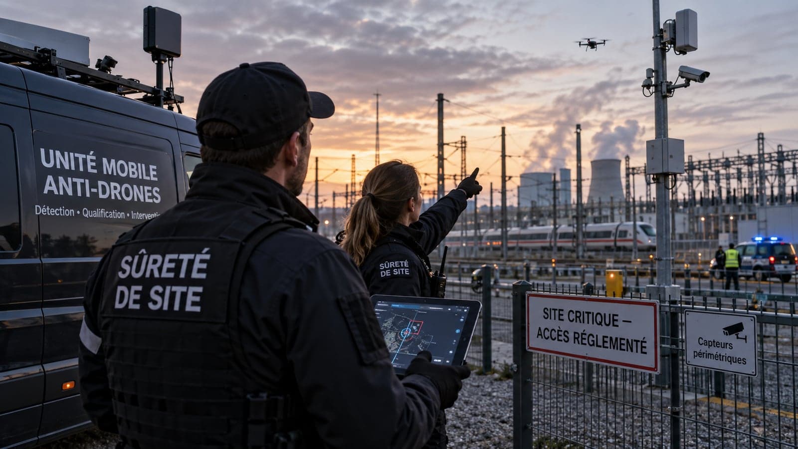 En limite d'un site industriel classe critique, deux agents de surete de site suivent un aeronef sans pilote au-dessus des installations, l'un pointant l'appareil et l'autre consultant une tablette de supervision, devant un vehicule d'unite mobile anti-drones portant la mention detection, qualification, intervention, pres d'un panneau d'acces reglemente et de capteurs perimetriques