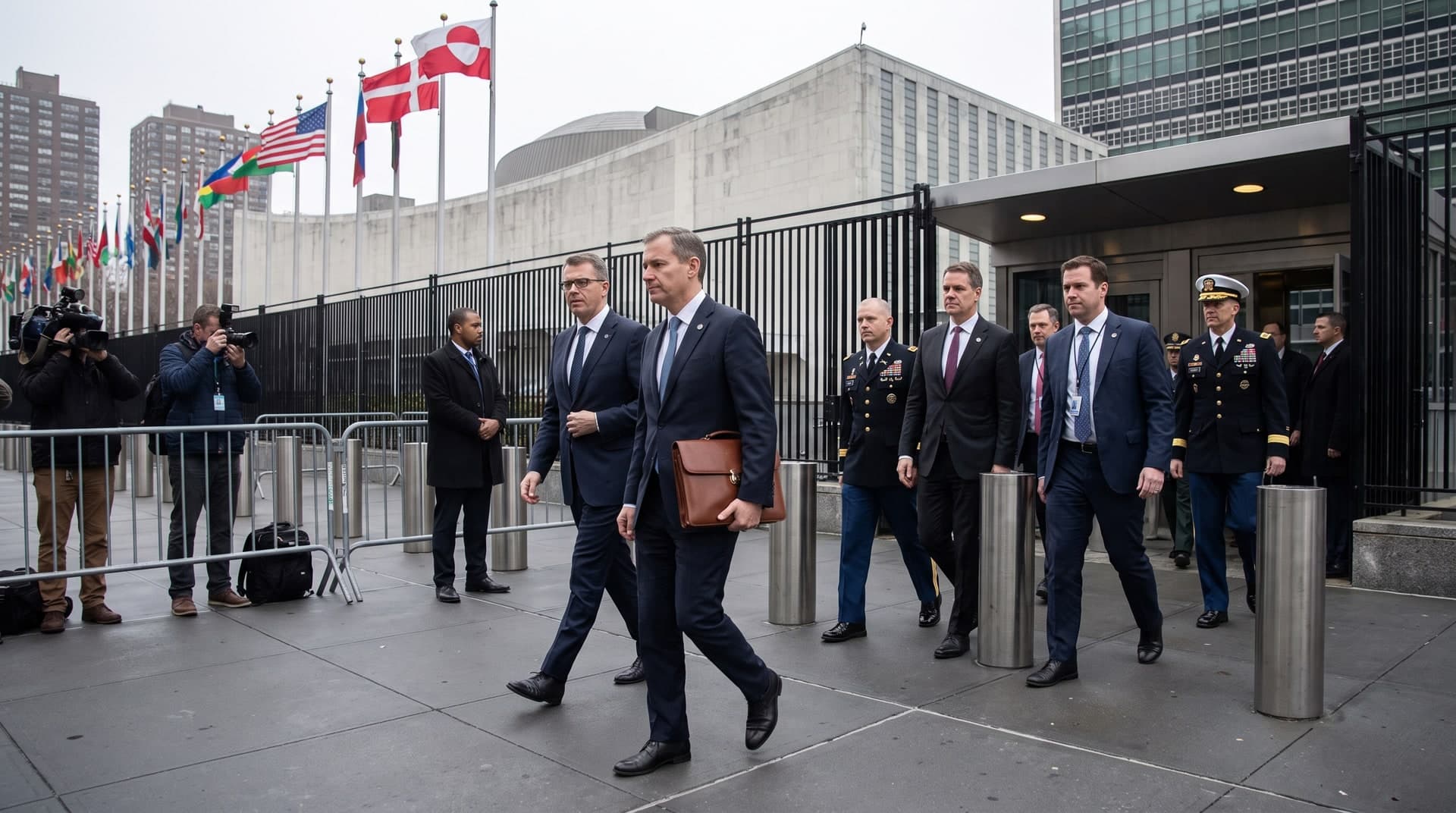 Devant le siège des Nations unies, une délégation en costume quitte le bâtiment sous l'objectif des caméras, drapeaux américain, danois et groenlandais hissés derrière elle