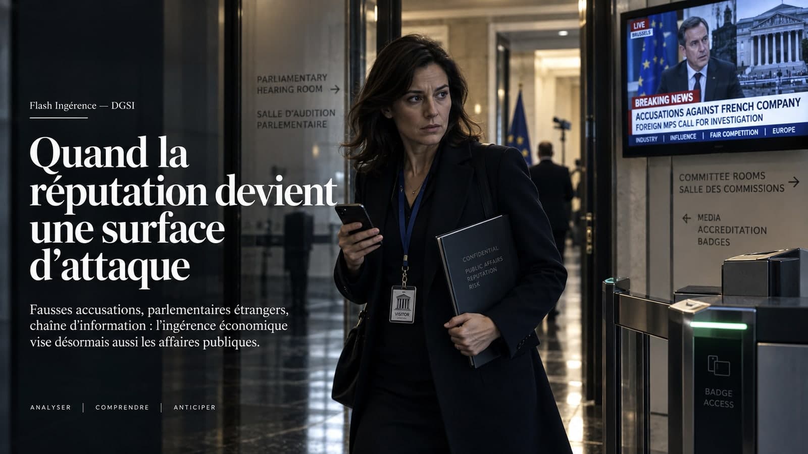 Dans le couloir d'un bâtiment parlementaire, une femme en tailleur sombre, badge visiteur au cou et dossier Public Affairs Reputation Risk sous le bras, consulte son téléphone près d'un portique d'accès ; un écran d'information diffuse un bandeau Breaking News, Accusations against French company, Foreign MPs call for investigation, illustrant une atteinte à la réputation relevant de l'ingérence économique étrangère