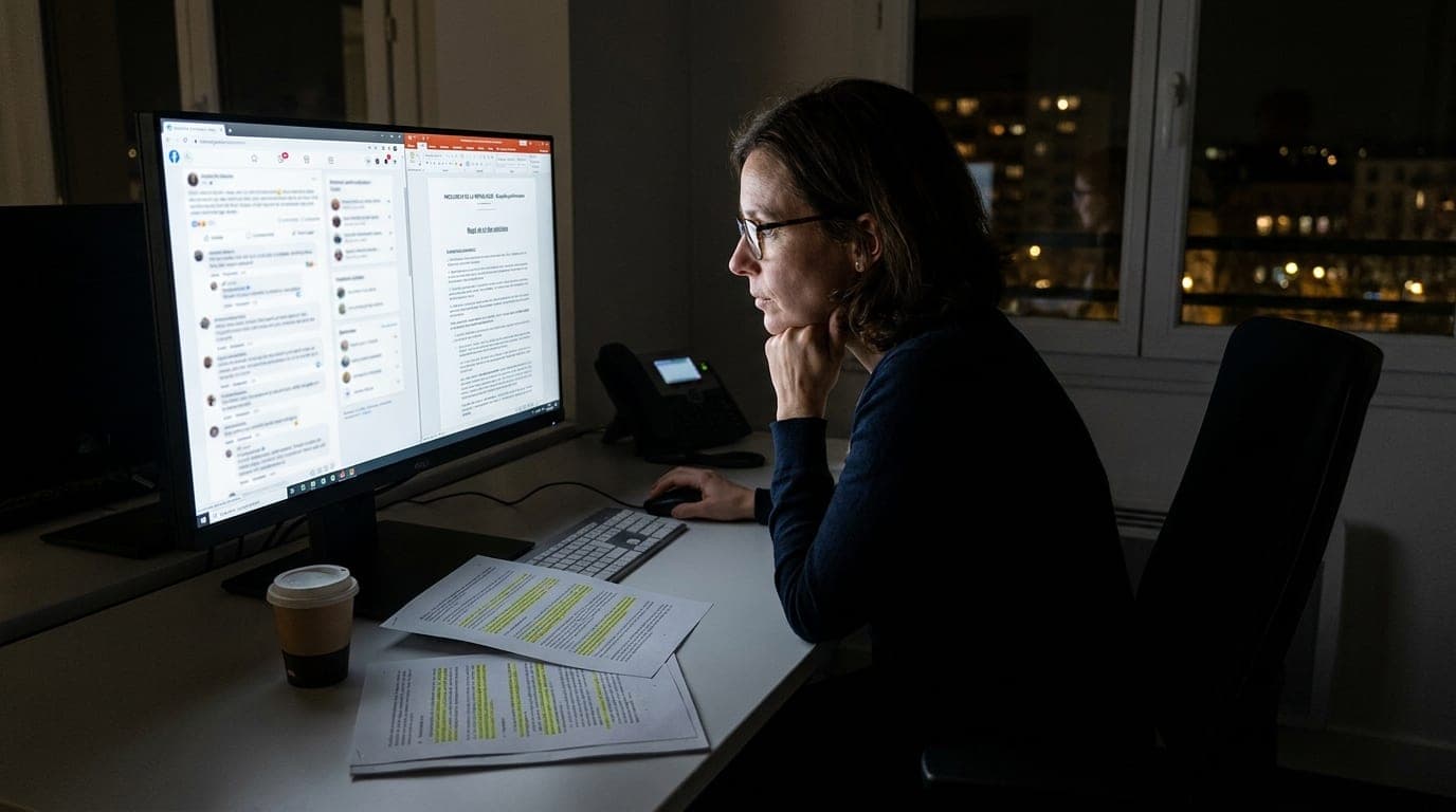 Illustration éditoriale : de nuit, une personne compare à l'écran un fil de réseau social et un document de travail, des impressions surlignées posées devant elle