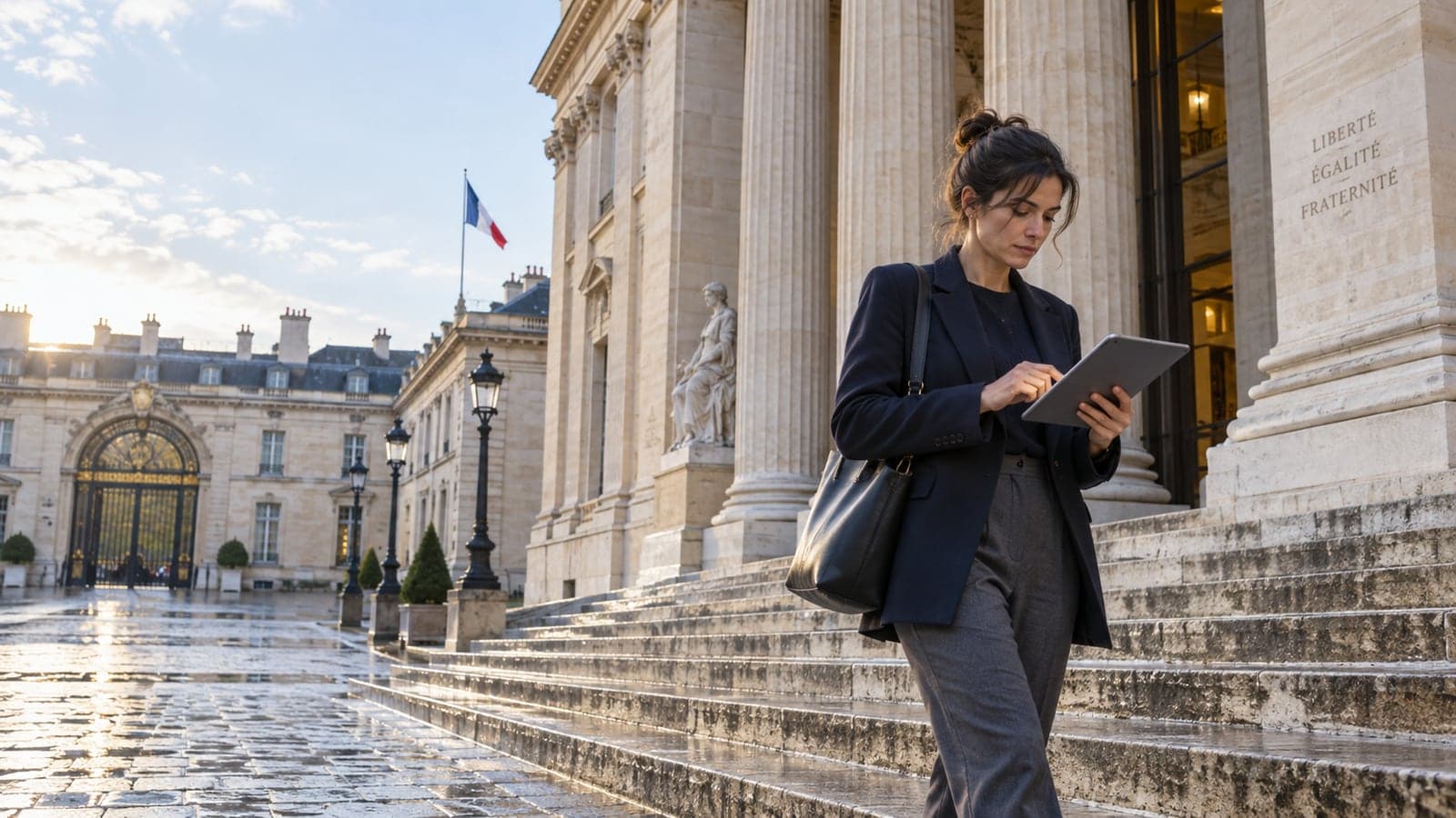 Une collaboratrice parlementaire consulte une tablette sur les marches de l'Assemblée nationale, drapeau français en arrière-plan