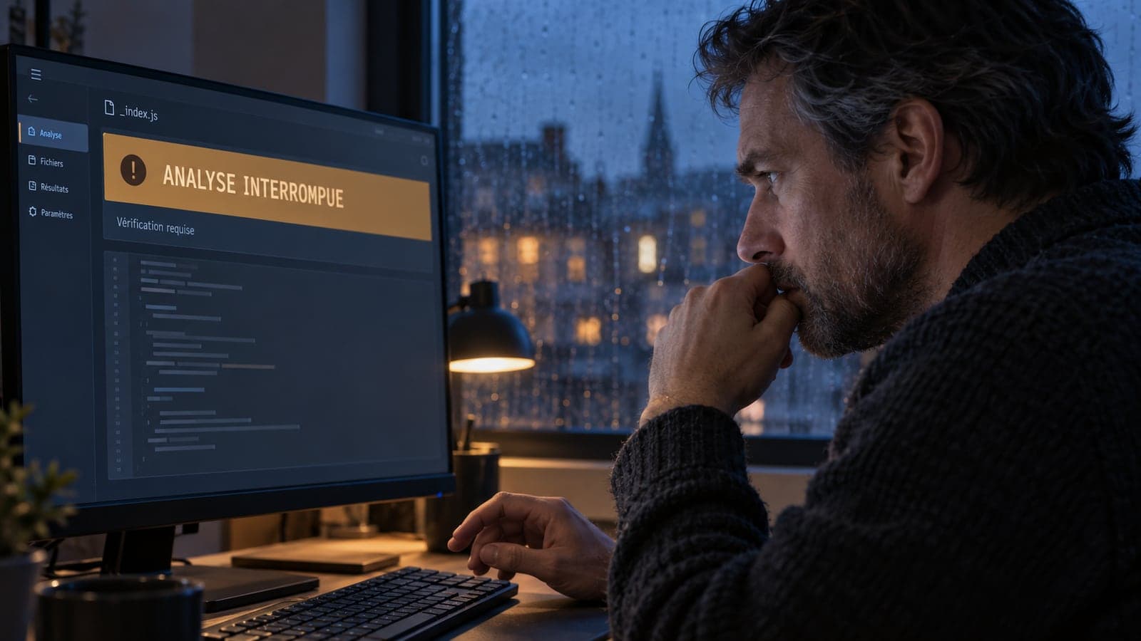 Un développeur seul le soir devant son écran, face à un bandeau « Analyse interrompue, vérification requise » affiché au-dessus d'un fichier de code.
