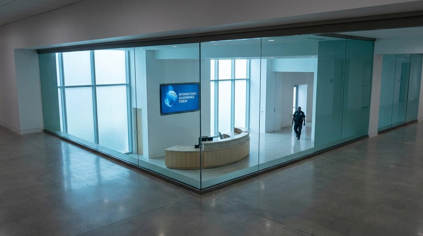 Hall d'accueil vitré d'une institution internationale, comptoir désert, écran d'information et agent de sécurité au fond du couloir