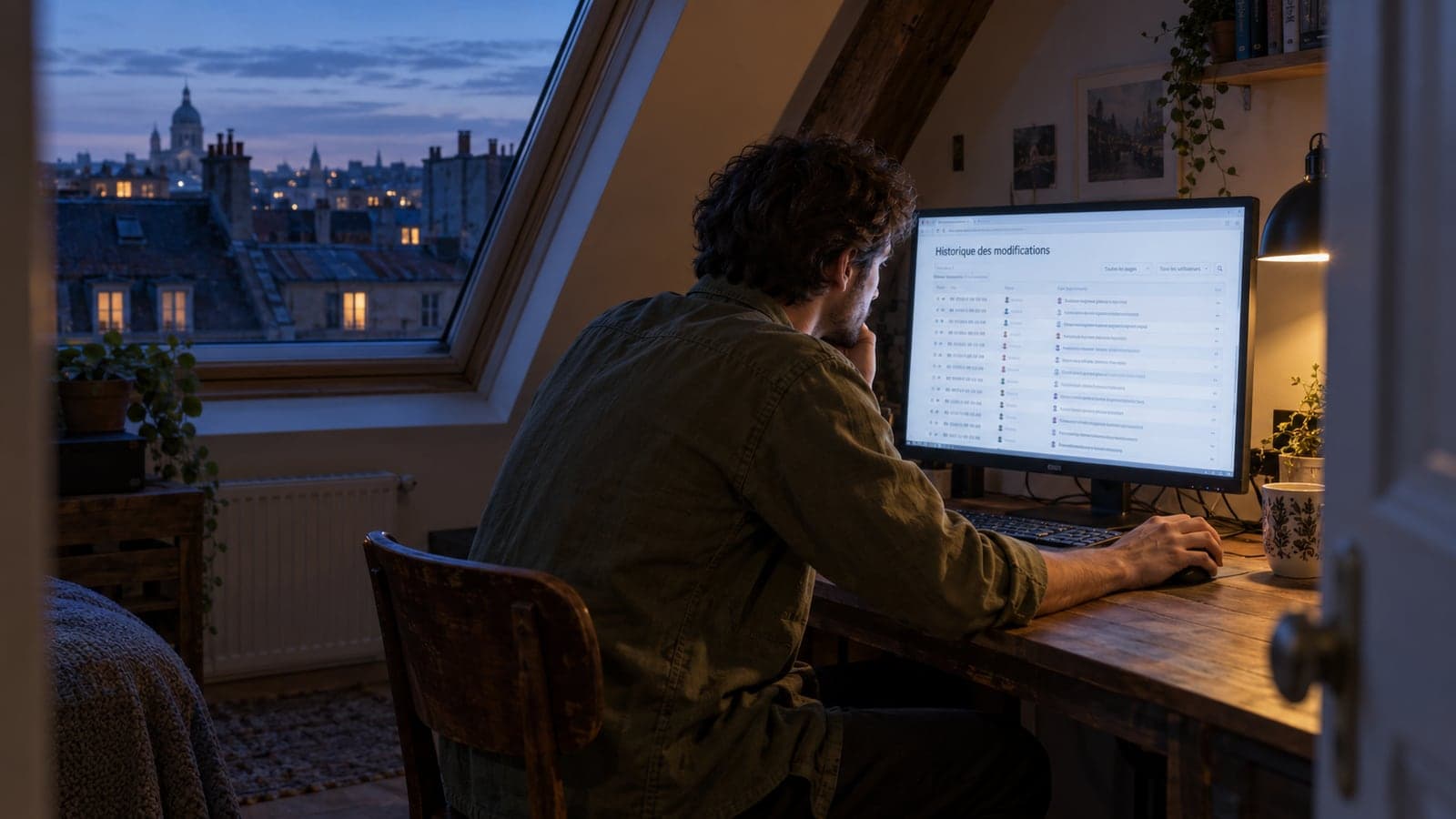 Le soir, sous les toits, un chercheur examine sur son ecran l'historique des modifications d'un site collaboratif, longue liste d'entrees horodatees attribuees a des comptes differents, la ville eclairee visible par la fenetre de toit
