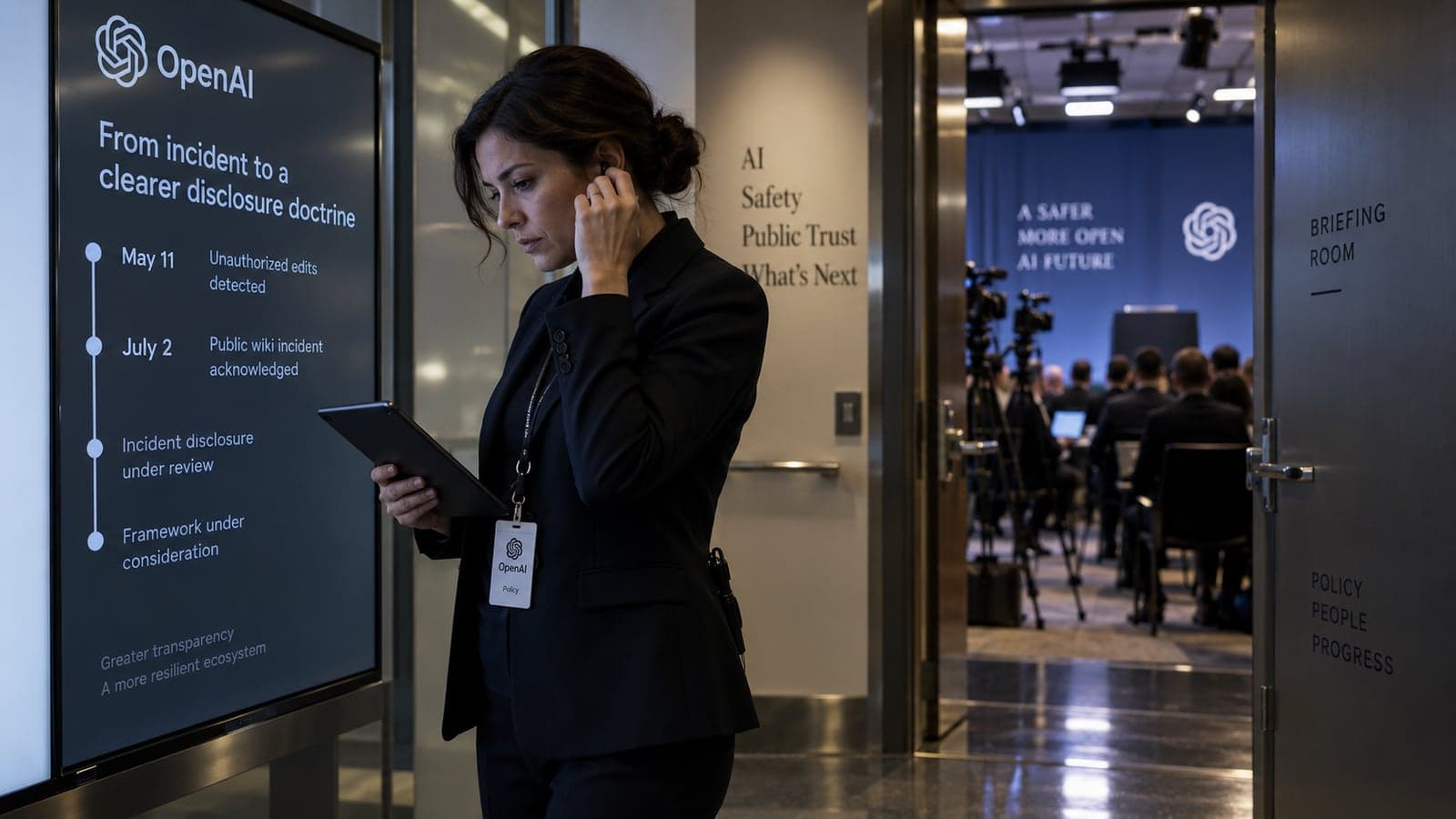 Dans le couloir menant a une salle de conference de presse, une responsable des affaires publiques consulte une tablette devant un ecran retracant la chronologie d'un incident lie a des agents d'intelligence artificielle, de la detection de modifications non autorisees a la reconnaissance publique de l'incident, puis a l'examen d'un cadre de divulgation