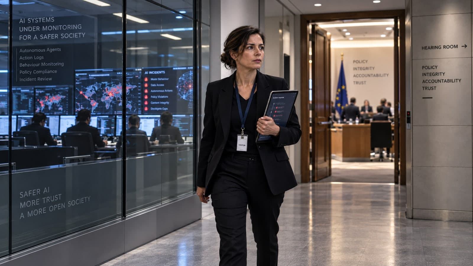 Dans le couloir d'un bâtiment institutionnel, une femme en tailleur sombre, badge visiteur au cou et tablette affichant un rapport d'incident sous le bras, marche devant une salle de supervision vitrée ; les parois annoncent une surveillance des systèmes d'IA, agents autonomes, journaux d'actions, suivi des comportements, conformité et revue d'incidents, et un tableau de bord liste des catégories d'incidents d'IA, illustrant l'émergence d'un régime de déclaration des incidents de comportement