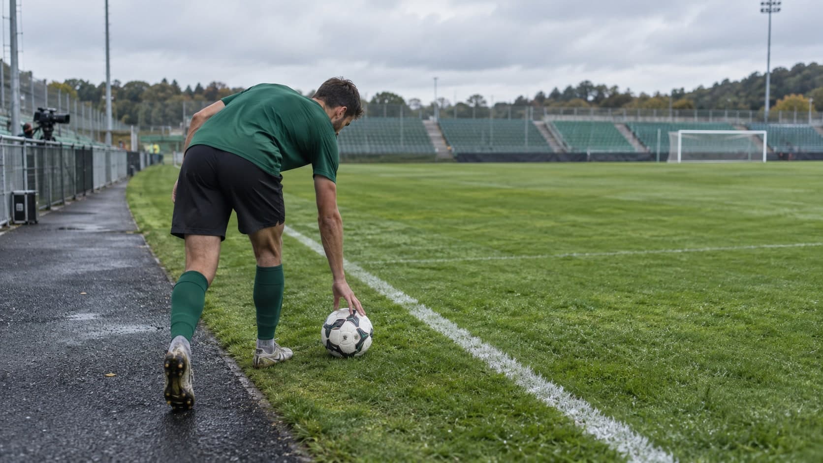 Au bord d'une pelouse, un joueur en maillot vert pose seul le ballon sur la ligne de touche d'un stade aux tribunes vides