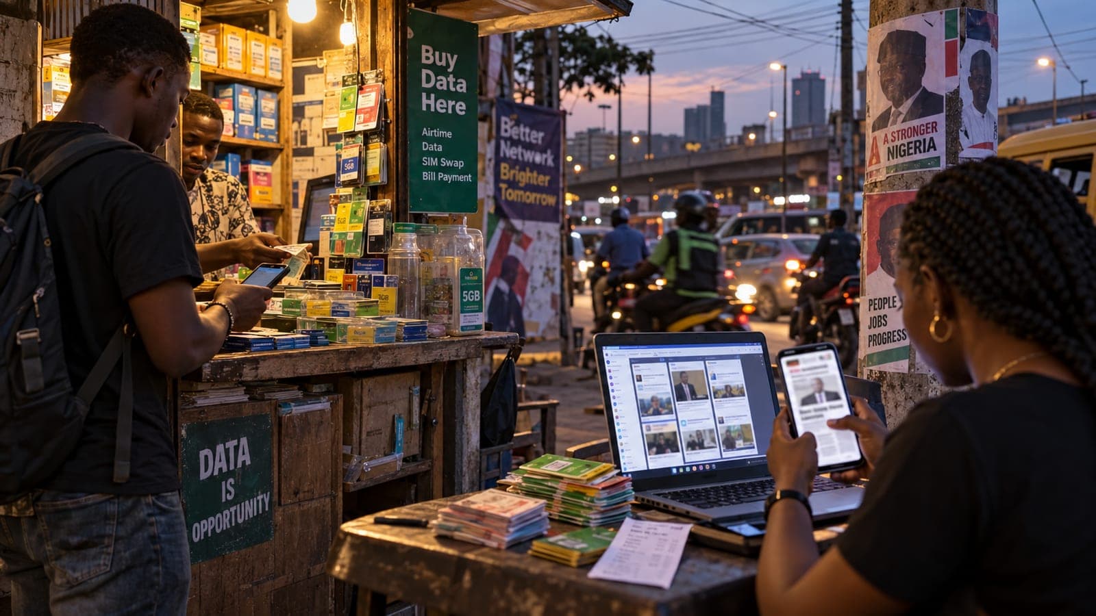 Kiosque de rue vendant des forfaits de données mobiles à la tombée du jour, panneaux annonçant la vente de crédit et de données, affiches de campagne politique collées sur un pilier voisin, une personne consultant un fil de réseau social sur un ordinateur portable au premier plan