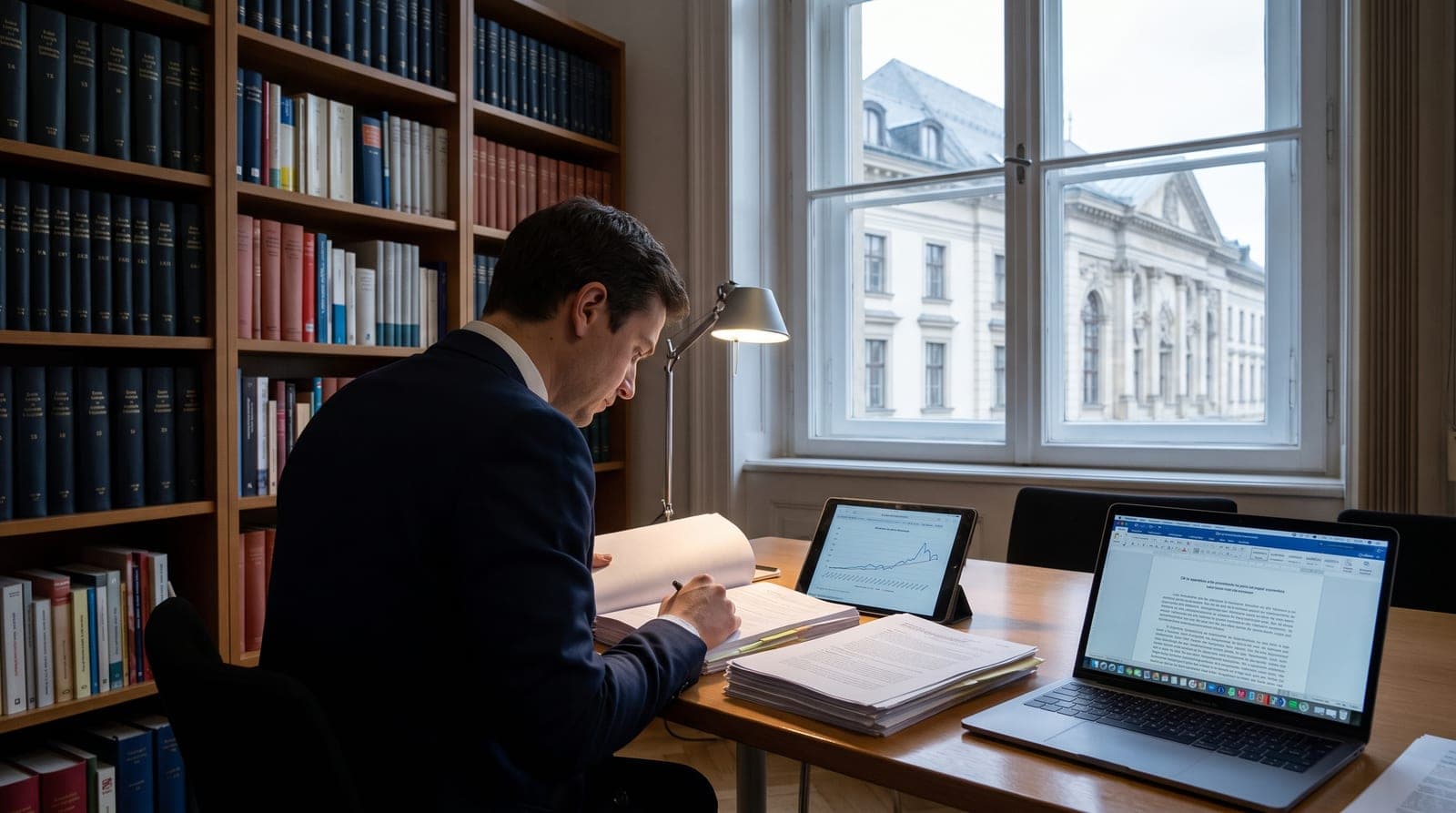 Dans un bureau tapissé de recueils reliés, un homme annote à la main une liasse de documents sous une lampe d'architecte, une tablette et un ordinateur portable ouverts à côté de lui